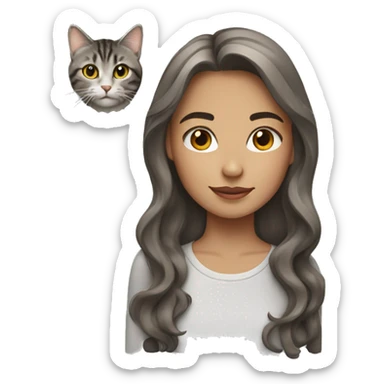 girl with brown wavy shoulder length hair with grey tabby cat sticker
