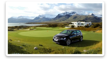 black Golf 4 with, in background is modern huge two flors white villa, in distance are iceland mountains, rule of thirds, shot on gopro hero, noise camera sticker