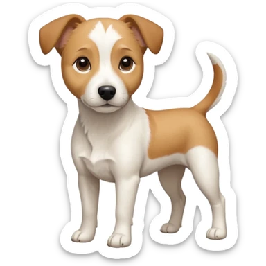 a full body facing front on of a buff white beagle cross jack russell terrier looking dog the size of a kelpie with light brown long ears resting on its face and a light brown patch above one eye and a large snout. the rest of the dog is completely white.  sticker