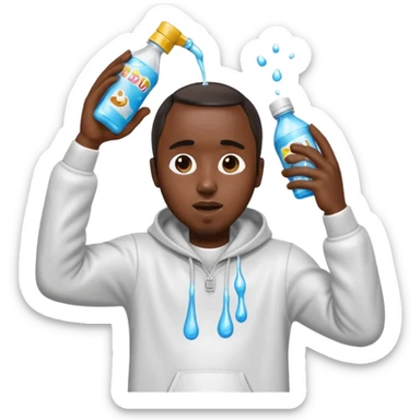 Diddy holding a bottle of baby oil, pouring it over his head, with the liquid mid-motion and dripping all over, emoji style sticker