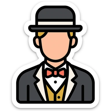 man in a vintage black and white suit, no facial hair, colored outline icon sticker