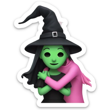 Witch dressed in black with green skin hugging pink dressed white witch sticker