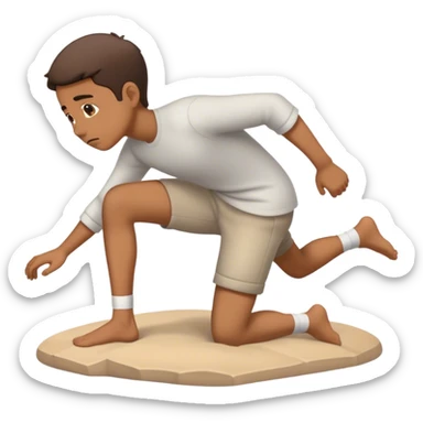 A person who has just fallen, now getting up from the ground, with a focused expression, pushing themselves back up to their feet sticker
