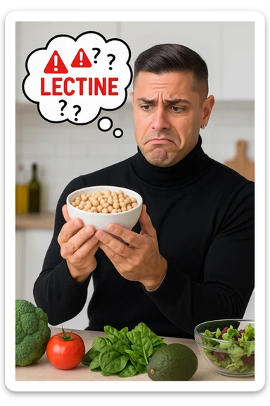 un uomo in cucina tiene in mano una ciotola di legumi (come fagioli o ceci) e li osserva con un’espressione dubbiosa e leggermente preoccupata. Sopra la ciotola, una nuvoletta di pensiero mostra la parola “Lectine” evidenziata in rosso, insieme a simboli di allarme o punti interrogativi. Sullo sfondo, altri alimenti salutari sono visibili sul tavolo, sottolineando il suo scetticismo verso i legumi. sticker
