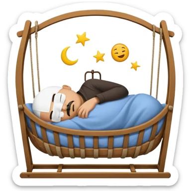 a bald, tan man who has a black goatee sleeping in a cradle sticker