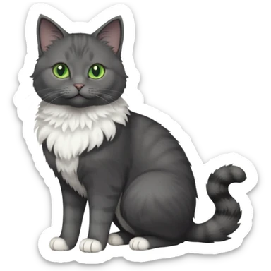 full body view of beautiful female dark grey cat with green eyes, white toes and white chest sticker
