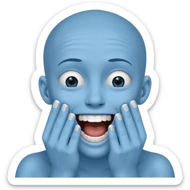 A blue face laughing out loud while covering it's mouth with his hands sticker