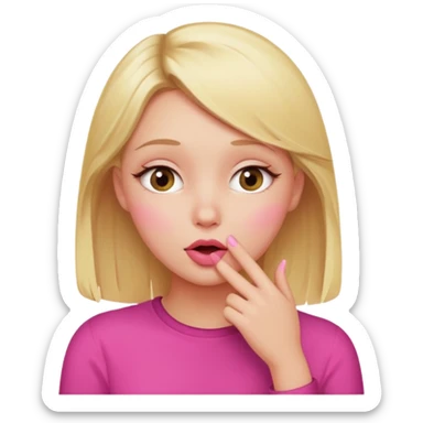blonde girl with flushed cheeks, whispering gossip, surrounded by pink sticker