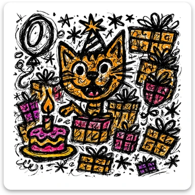 Make the birthday cake more colorful while keeping the chaotic outlined style and all other elements intact sticker