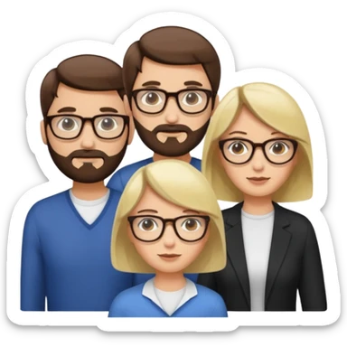 Four people including a man with hair and glasses, a man with a beard and no glasses, a woman with long brown hair and no glasses and a woman with a blonde bob and no glasses sticker
