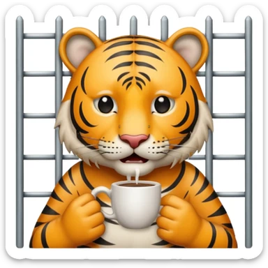 a tiger crying with tears in its eyes holding a cup of coffee behind jail bars  sticker