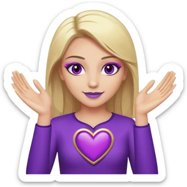 twitch emote, kinda chibi style. blonde hair: long, straight, no bangs. gray eyes. an eyebrow with a slit. purple eyeshadow/eyeliner with gold eyeshadow. only face and arms, hands visible. happy, holding a purple heart. white background. sticker