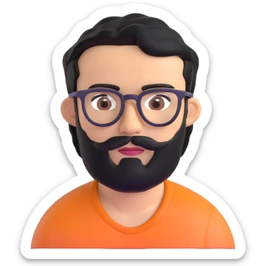 man with medium black beard, black hair, connected eyebrows, olive tan skin, brown eyes, and glasses sticker