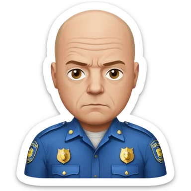 Hank Schrader from Breaking Bad, bald, serious expression, police shirt sticker