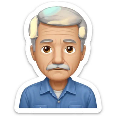 Old man with gray hair and mustache and working shirt. sad expression sticker