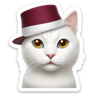 white cat with a New Year's burgundy hat on his head sticker