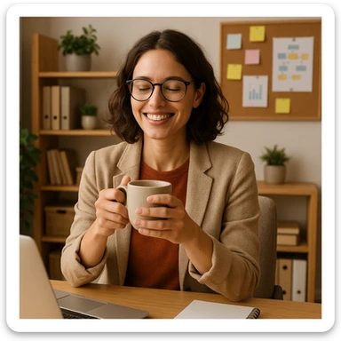a relaxed and happy female project manager holding a coffee cup in a cozy office setting sticker