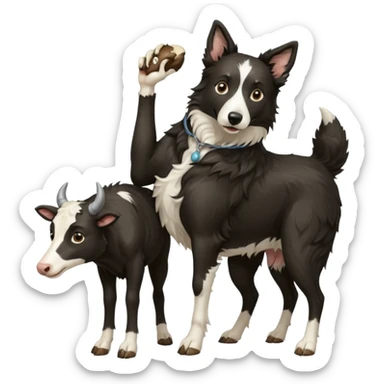 A black and white border collie werewolf, standing on her hind legs, holding a cow's hoof. sticker