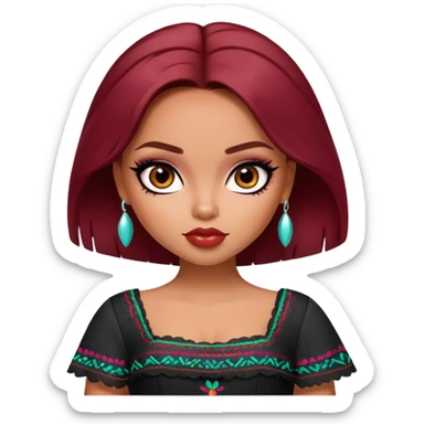 pretty bratz girl, dark red hair,  mexican, brown eyes, black eyeliner, mexican skin sticker