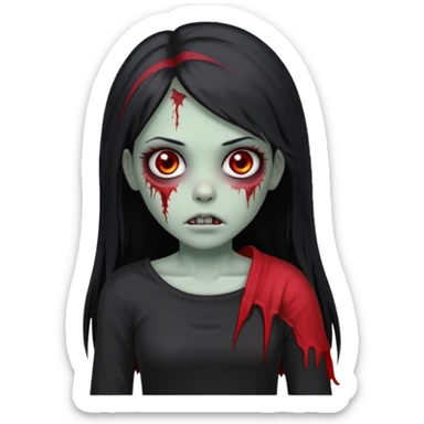 Garota zumbi com cabelo todo preto liso longo e mechas vermelhas na lateral da cabeça dos dois lados, usando uma blusa com um lado da manga caida preta  sticker