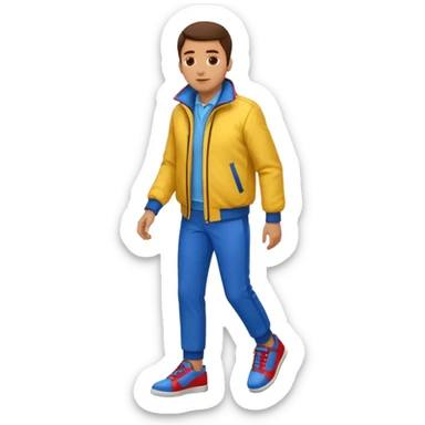 un hombre con: yellow jacket, red pants and blue shoes sticker