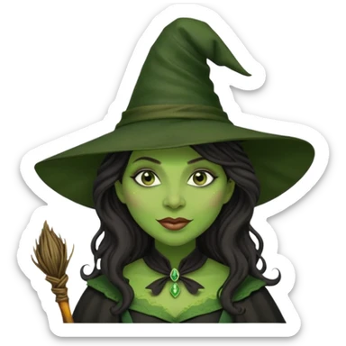 elphaba the wicked witch from wicked movie (cynthia erivo) dark long curly hair, thick lips, wide nose, green skins, witch hat, witch broom, evil, wicked musical film, evil smirk sticker