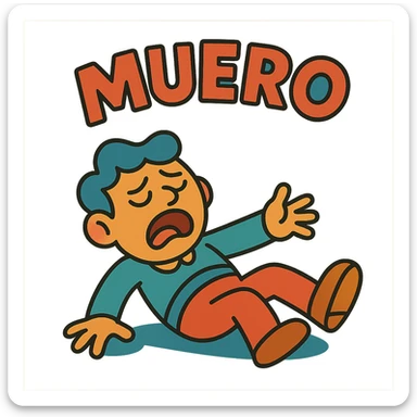 stylized dying little man with the word 'muoro', colorful cartoon style, soft lines, dramatic expression sticker