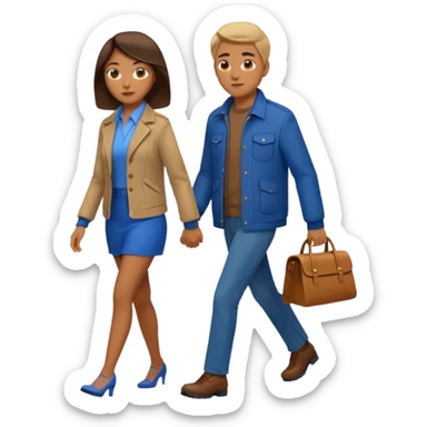 woman in brown jacket walking with man in blue jacket sticker