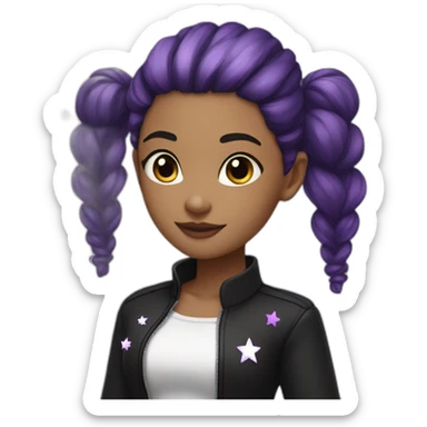 girl with black high twintails, black jacket and white top, purple stars in her hair sticker