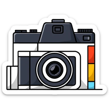 Film photography setup with camera, film rolls, and developed photos sticker