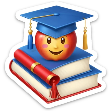 Apple emoji style graduation cap with a blue tassel, floating above an open book, clean background, cheerful sticker