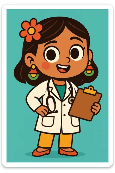 cute Mexican doctor girl, holding clipboard, wearing white coat, traditional Mexican earrings, big eyes, cartoon style sticker