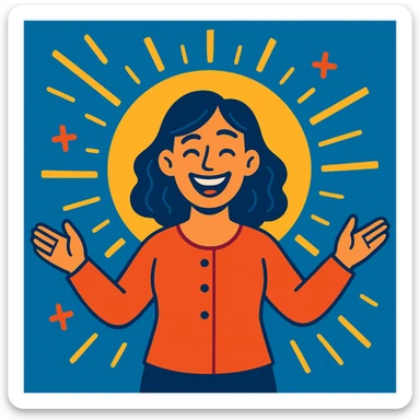smiling woman with open arms and glowing aura, symbolizing support and motivation, colorful approachable style, Mutmacherin sticker