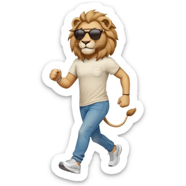 friendly anthropomorphised lion in jeans and a t-shirt, wearing dark sunglasses, jogging upright in relaxed pose sticker