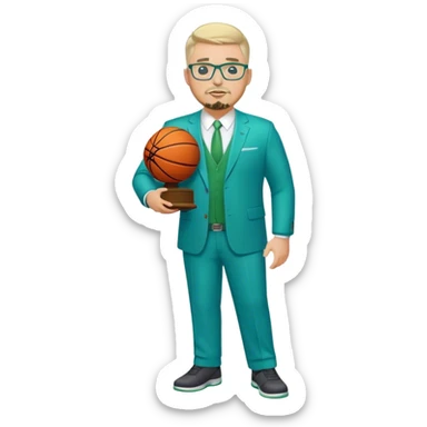 Full Body white male plus size body type  wearing glasses with a goatee with light blonde gray very short hair basketball head Coach in blue and green suit holding trophy sticker