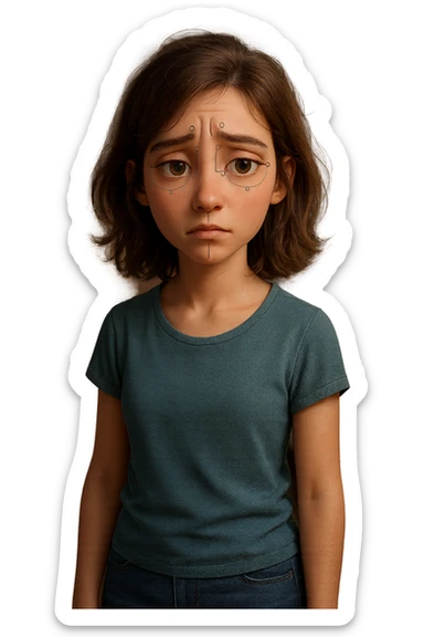 Modello 3D di personaggio femminile in stile Pixar/Blender, anatomia realistica e proporzionata, espressione facciale malinconica ma espressiva, rig per animazioni emotive, texturing skin realistico ma stilizzato, capelli con physics dinamici, vestiti casual modellati con cloth simulation, illuminazione soft e cinematografica, ambiente camera da letto 3D dettagliato, rendering Cycles con subsurface scattering per pelle naturale sticker