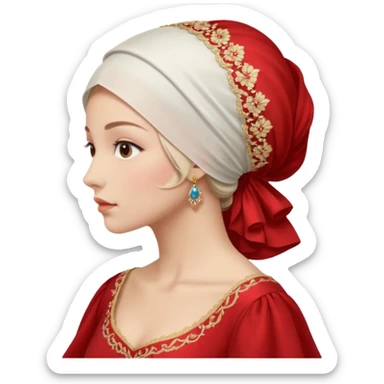 mujer de perfil con un vestido rojo de manga y falsas largas y voluptosas, y una toca blanca que cubre su cara sticker