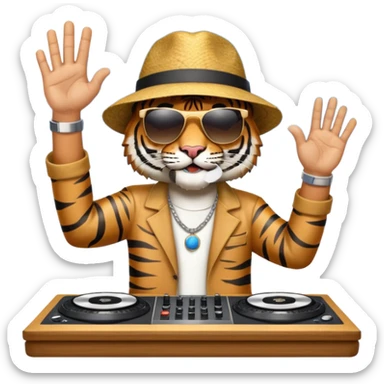 Un tigre con sombrero estilo cubano, una mesa de dj y gafas de sol. Una mano en la mesa de dj y la otra mano señalando al cielo a Dios. La otra mano encima de la mesa de dj por favor  sticker