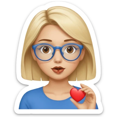 Asthectic Blonde women with brown eyes, blue glasses, waering a brown top, blowing a kiss with a small heart around her. sticker