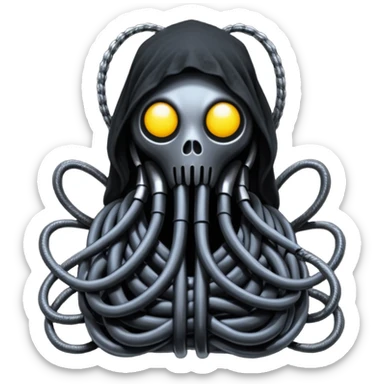 tangled black cables creating an occult creature covered in black rags and bondage, Giger style sticker