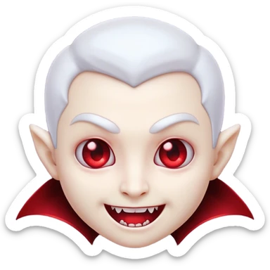 Cinematic Cute Vampire Portrait Emoji, with a refined yet playful small, rounded pale face accented by tiny, cute fangs and bright, twinkling eyes, sporting miniature elegant dark attire with a hint of crimson, simplified yet irresistibly charming, highly detailed with a soft glowing outline that captures the delightful duality of spooky sweetness and stylish allure! sticker