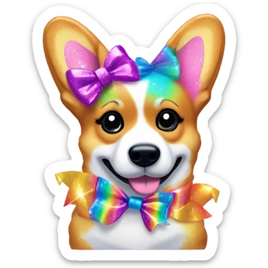 Lisa frank rainbow glitter corgi with ribbon bow on head sticker