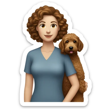 White Woman with brown hair holding a golden doodle  sticker