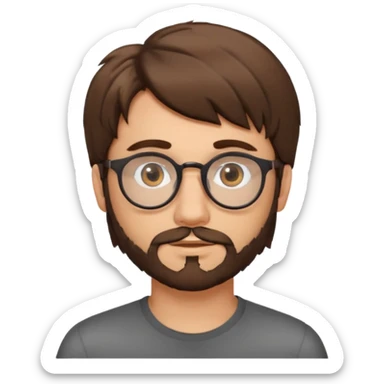 young caucasian man with brown eyes, shaggy brown hair, some facial hair, and round glasses sticker