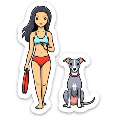 Slim Chinese woman with long black hair in appropriate beach attire at the beach with her completely solid grey Italian greyhound, the dog has absolutely no white markings anywhere, not on face or paws, solid grey color throughout entire body sticker