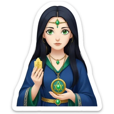 woman with fair skin, long black hair, and piercing green eyes. She wears a simple, dark blue robe with subtle gold accents and a mystical pendant. She holds a tarot card in one hand sticker
