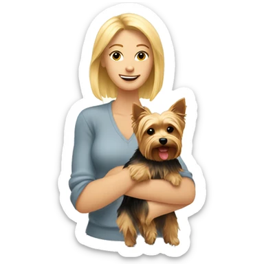 Blonde woman holding yorkie in sunlight sticker