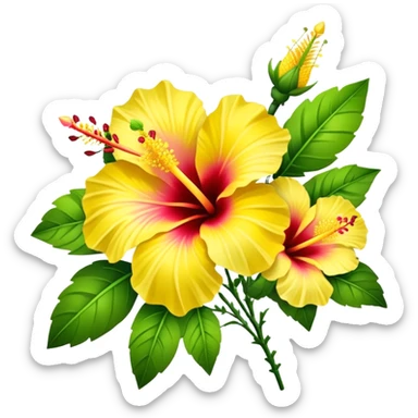 bouquet yellow Hawaiian hibiscus, luxuriant, stem, leaf, bud sticker