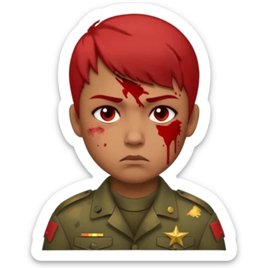 soldier, red skin tone, scowling, blood splatter on left cheek sticker