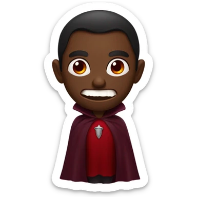 vampire, with brown skin red eyes, with two fangs wearing a burgundy and red  cape sticker